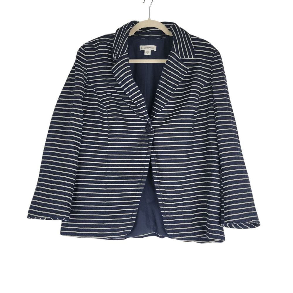 Coldwater Creek Jacket Womens 14 Blue Striped Cotton Linen Blazer Single Button